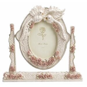 White Dove Pink Rose 5x7 Embellished Wedding Photo Frame Tabletop Swing Stand